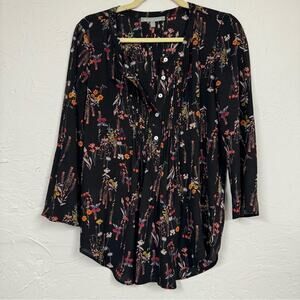 Daniel Rainn Black Floral Boho Blouse Womens S Fall Romantic Pleated Peasant Top